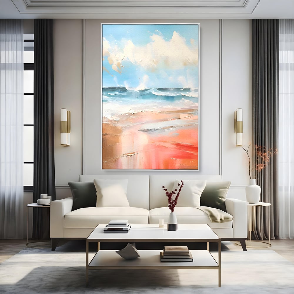Tablou canvas cu tablou pictat cu peisaj marin abstract, in rama de aluminiu argintiu, pe perete intr-un living